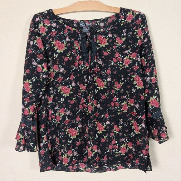 VTG Y2K Notations Women's Dark Floral Blouse M Fairy Whimsygoth 3/4 Bell Sleeve - Picture 1 of 8
